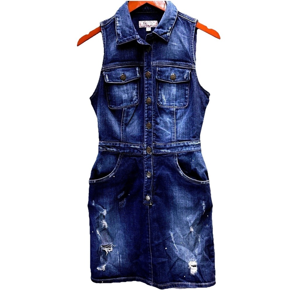 Guess Sleeveless Distressed Denim Mini Dress in Dark Blue